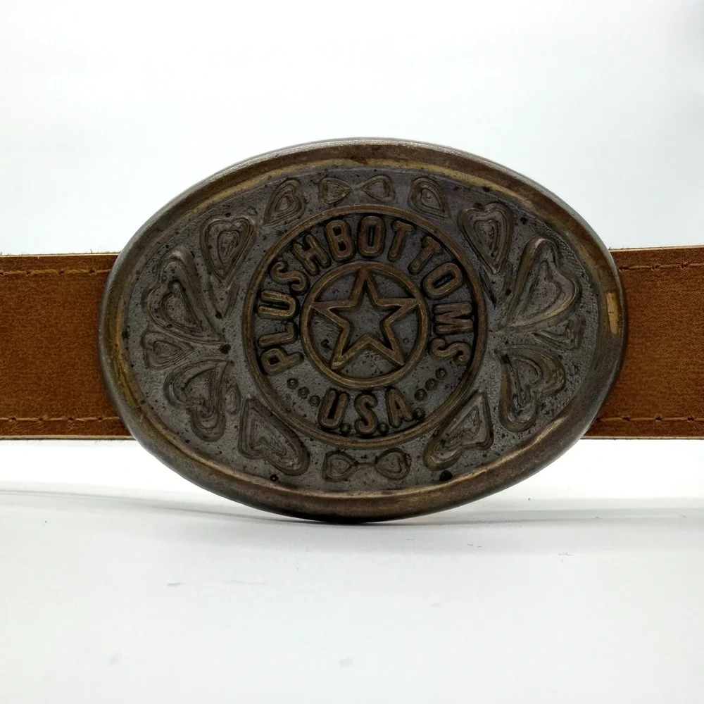 Plushbottoms USA Vintage Tan Leather Belt with Star Oval Brass Buckle Western‎
